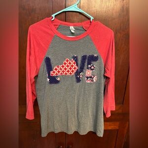 Bella Canvas Women's Long Sleeve Tee - Coral and Gray with Appliqué LOVE